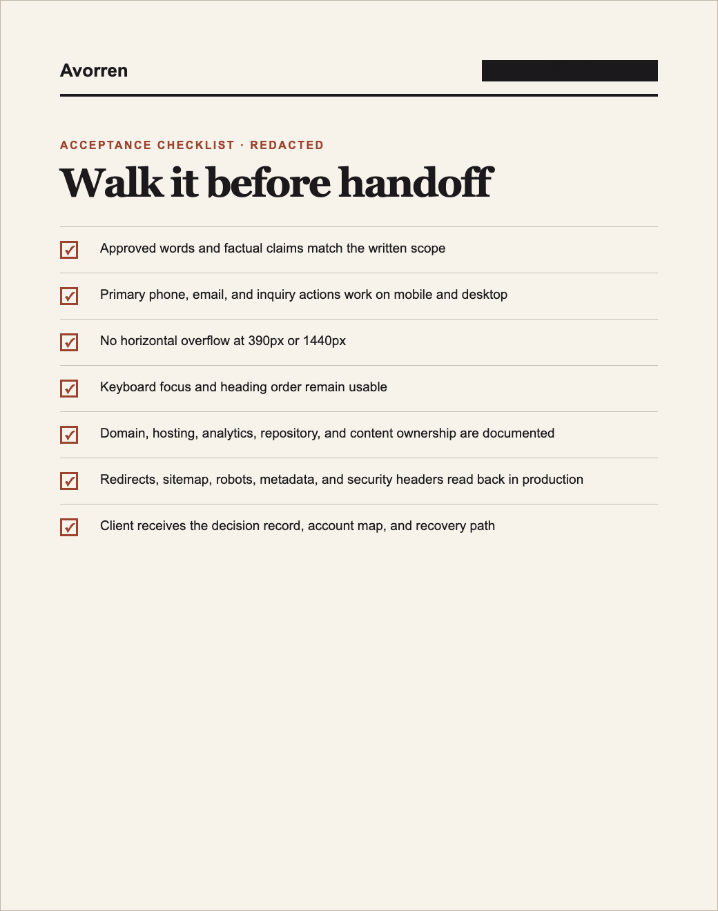 Redacted acceptance checklist showing launch verification items