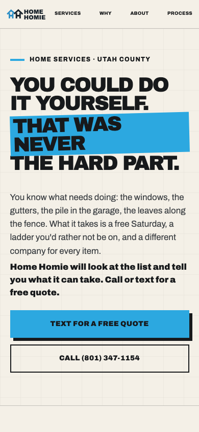 Mobile homepage of Home Homie