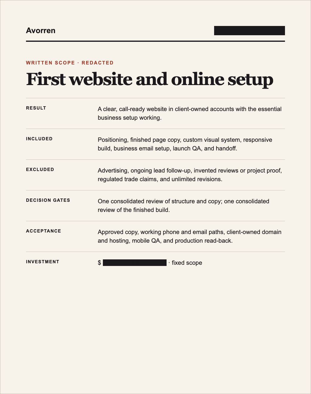 Redacted project scope showing result, included work, exclusions, price, and acceptance