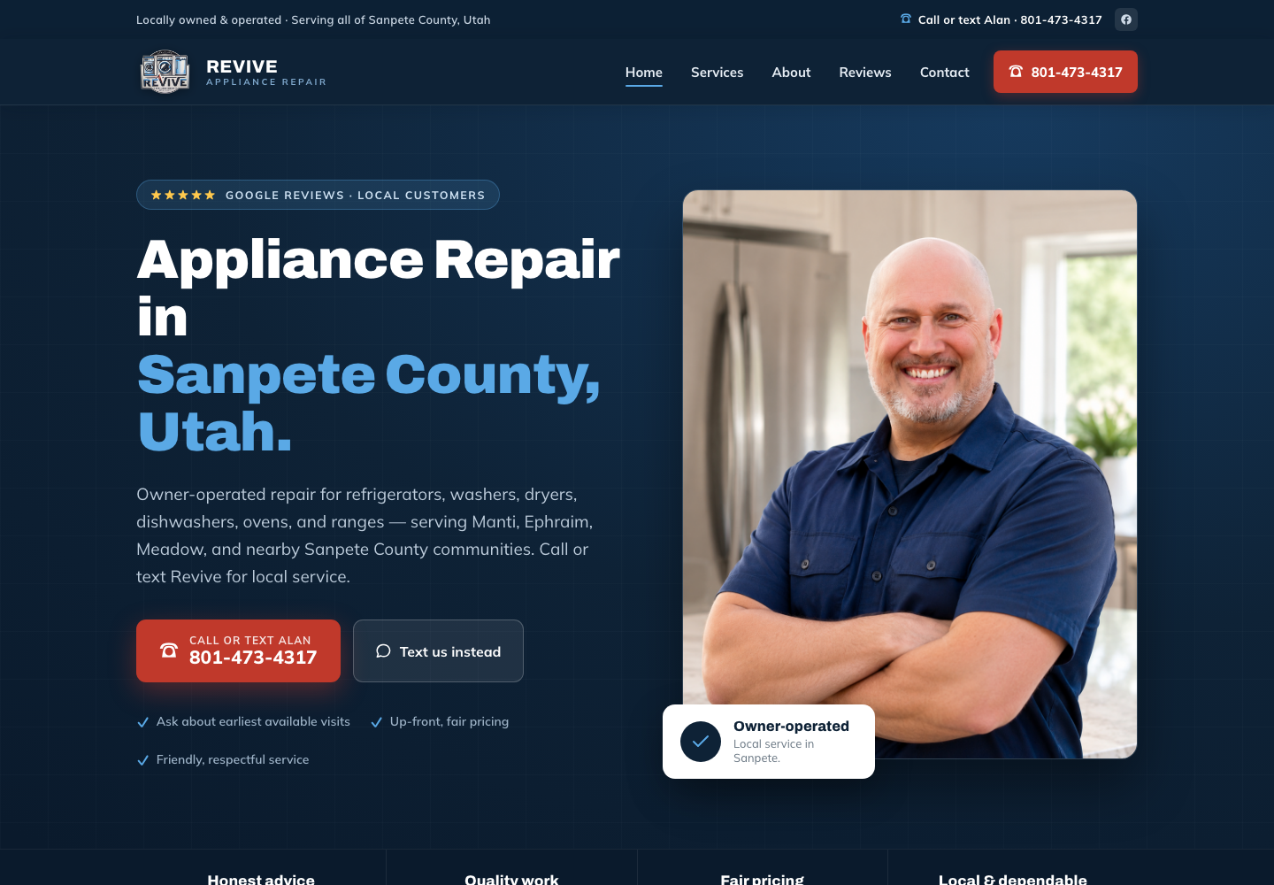 Desktop homepage of Revive Appliance Repair