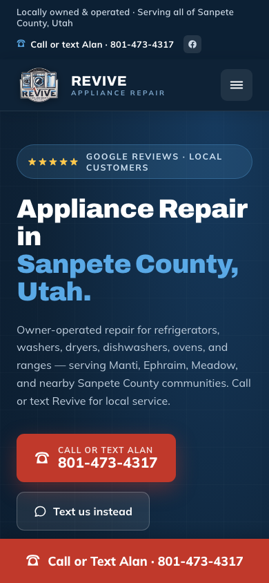 Mobile Revive Appliance Repair homepage with call action visible
