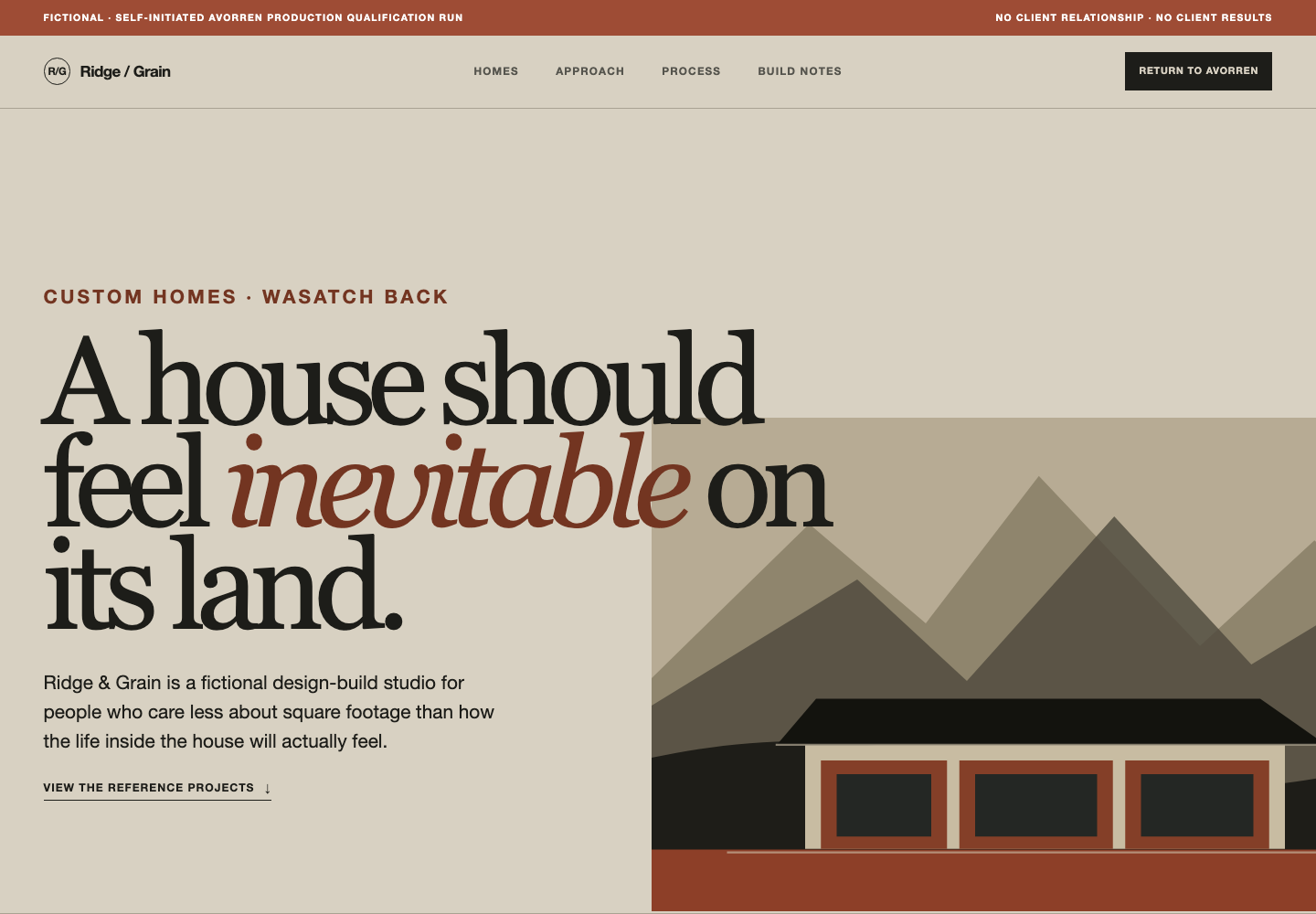Desktop view of the Ridge and Grain custom-home-builder studio concept